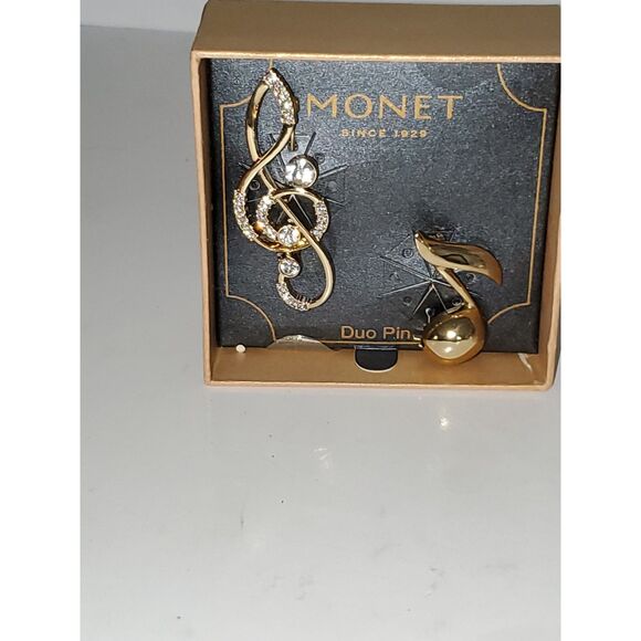 A Monet Costume Jewelry Boxed Set Musical Symbol Pin Brooch Rhinestone Gift - Picture 9 of 11